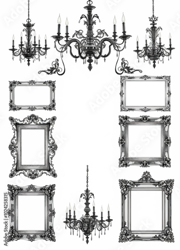 Ornate Chandeliers and Frames Set