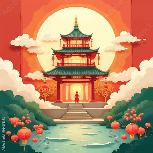 Papercut Illustration of a Chinese Pagoda with Red Lanterns