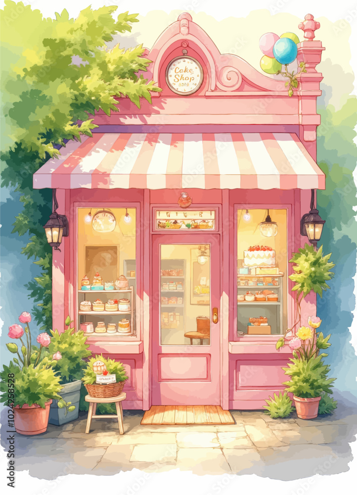 Obraz premium Pink storefront with pastries and balloons 