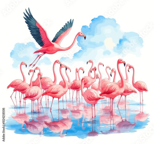 Pink Flamingos in Flight and Water 
