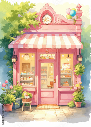 Pink storefront with pastries and balloons  
