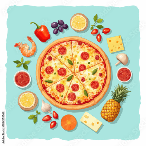 Pizza with Ingredients on Blue Background