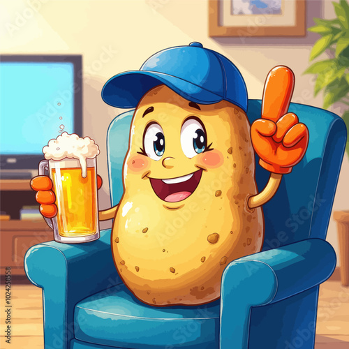 Potato Cartoon Character in a Chair with a Beer 
