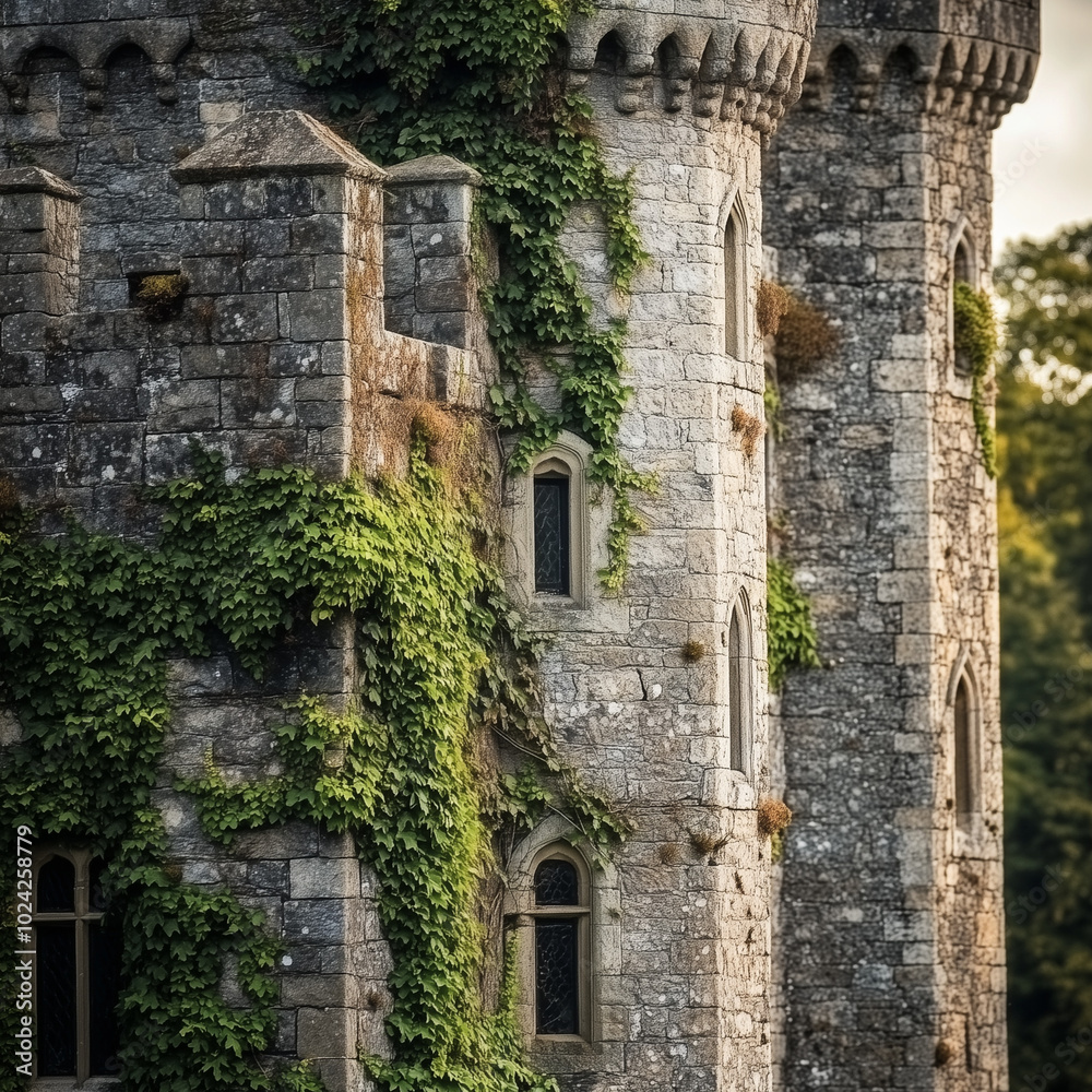 A close-up of the stone towers and battlements of an ancient Irish castle, weathered with age, with ivy climbing the walls, soft natural light emphasizing the intricate details A close-up of the stone towers and battlements of an ancient Irish castle, weathered with age, with ivy climbing the walls, soft natural light emphasizing the intricate details