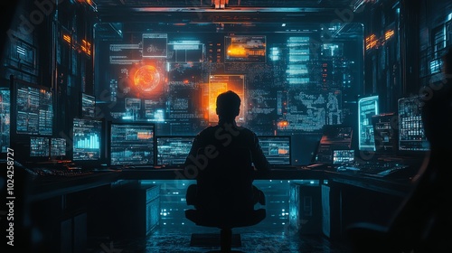 A hacker sits in front of multiple computer screens displaying code and data. The room is dark and lit by the glow of the monitors.