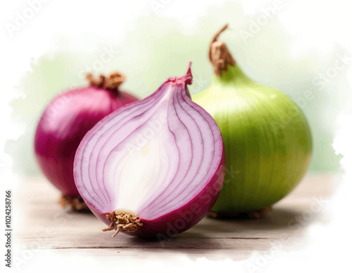 Red Onion Sliced on Wooden Table