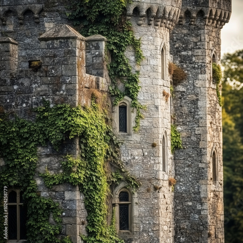 A close-up of the stone towers and battlements of an ancient Irish castle, weathered with age, with ivy climbing the walls, soft natural light emphasizing the intricate details photo