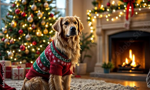 A golden retriever in a Christmas jumper sits by the tree in a cosy living room with a fireplace and lights