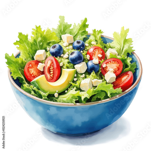 Salad with Avocado, Tomatoes, and Blueberries in Blue Bowl