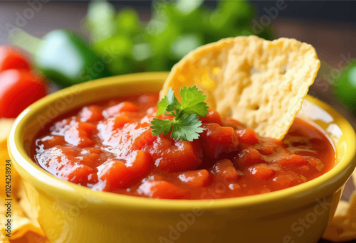 Salsa with Tortilla Chip in Yellow Bowl