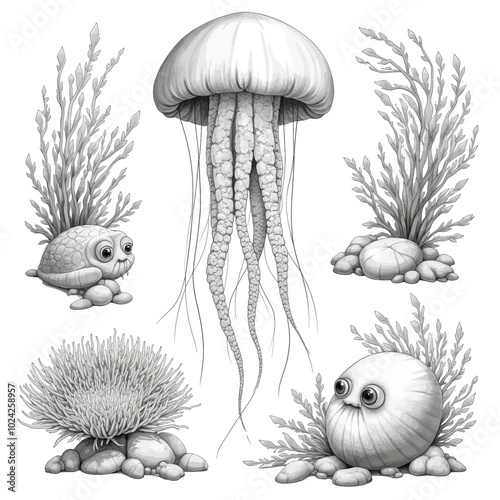 Sea Creatures and Plants Illustration 
