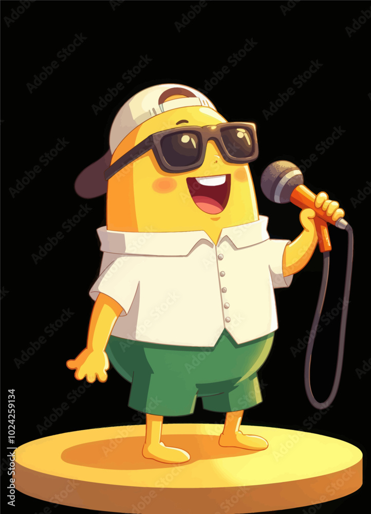 Fototapeta premium Smiling Cartoon Character Singing with Microphone 
