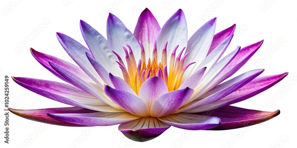 Water Lily Nymphaea or Lotus purple and white color blossom isolated on white background Eye Level Water Lily Nymphaea or Lotus purple and white color blossom isolated on white background Eye Level