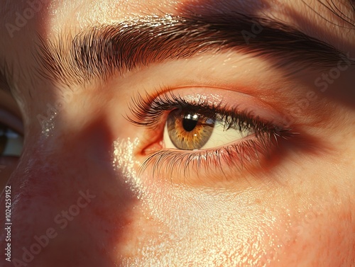 A close-up of tired eyes barely open, with dark circles under them, as the morning light softly touches their face.