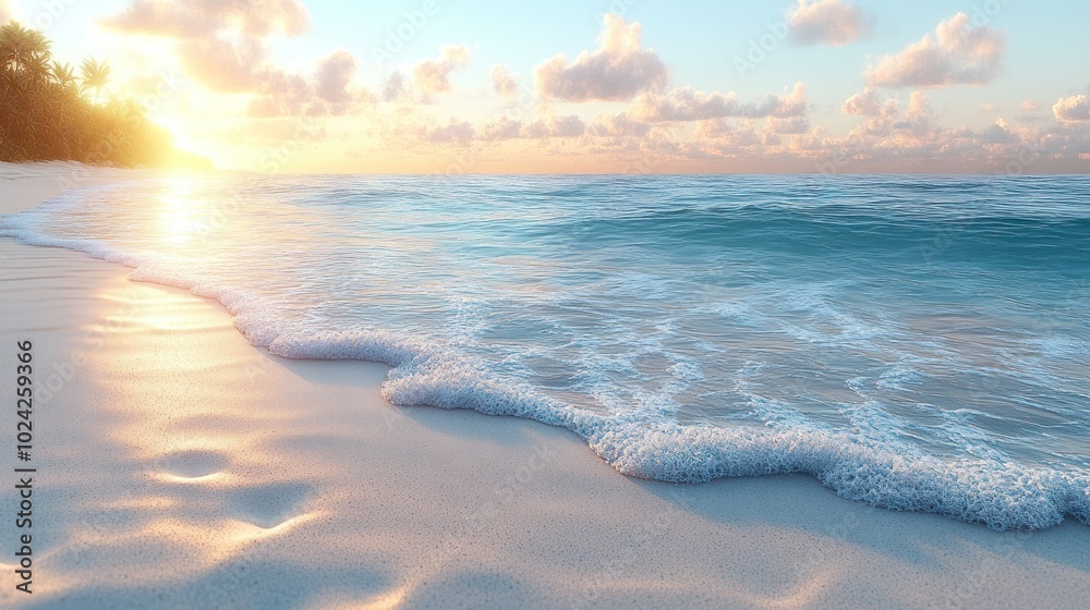 Obraz premium Serene beach at sunset, waves gently lapping on the shore.