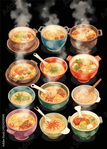 Steaming Bowls of Noodle Soup 
