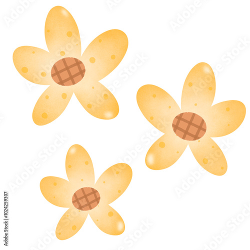 Cute cartoon illustration of yellow three flowers with brown centers, perfect for educational materials and childrens products. These cheerful flowers add playful touch to any design