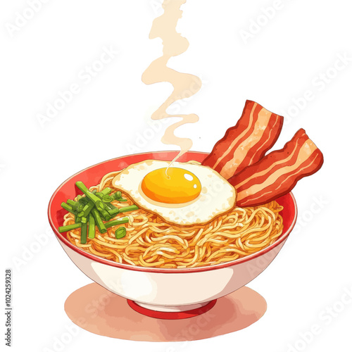 Steaming bowl of noodles with egg and bacon