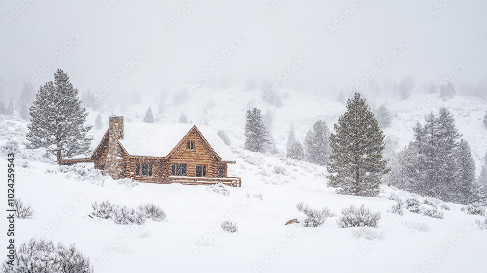 A cozy cabin surrounded by snow in a serene winter landscape during the winter solstice A cozy cabin surrounded by snow in a serene winter landscape during the winter solstice