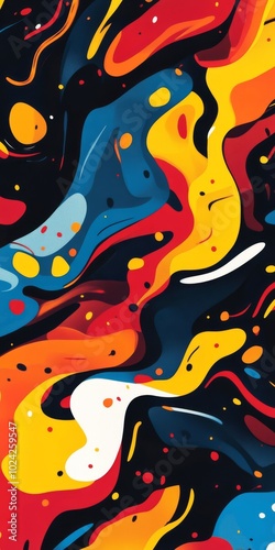 A vibrant abstract fluid art painting featuring dynamic swirls and patterns in red, blue, yellow, and black colors.
