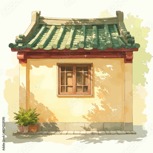 Traditional Chinese House with Green Roof and Window