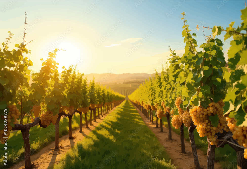 Fototapeta premium Vineyard at Sunset with Ripe Grapes