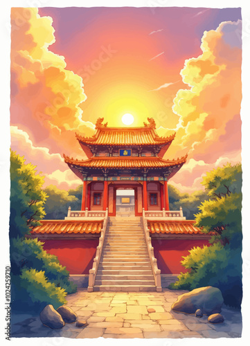 Traditional Chinese Temple at Sunset 
