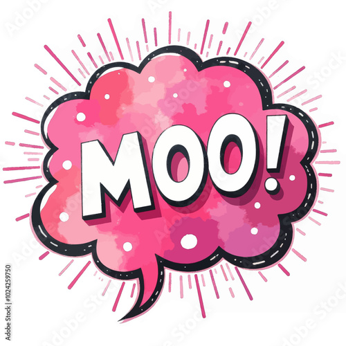 Vibrant Pink Comic Exclamation Moo! with Starburst Effect