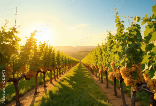 Vineyard at Sunset with Ripe Grapes
