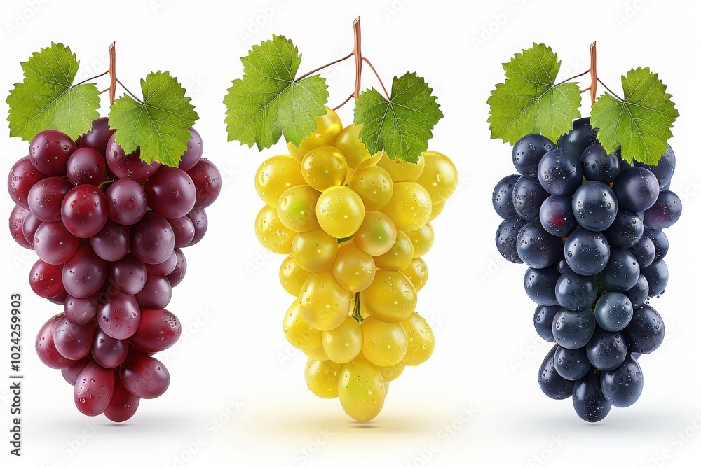 Three bunches of grapes in red, green, and black colors with leaves, isolated on a white background.
Three bunches of grapes in red, green, and black colors with leaves, isolated on a white background.