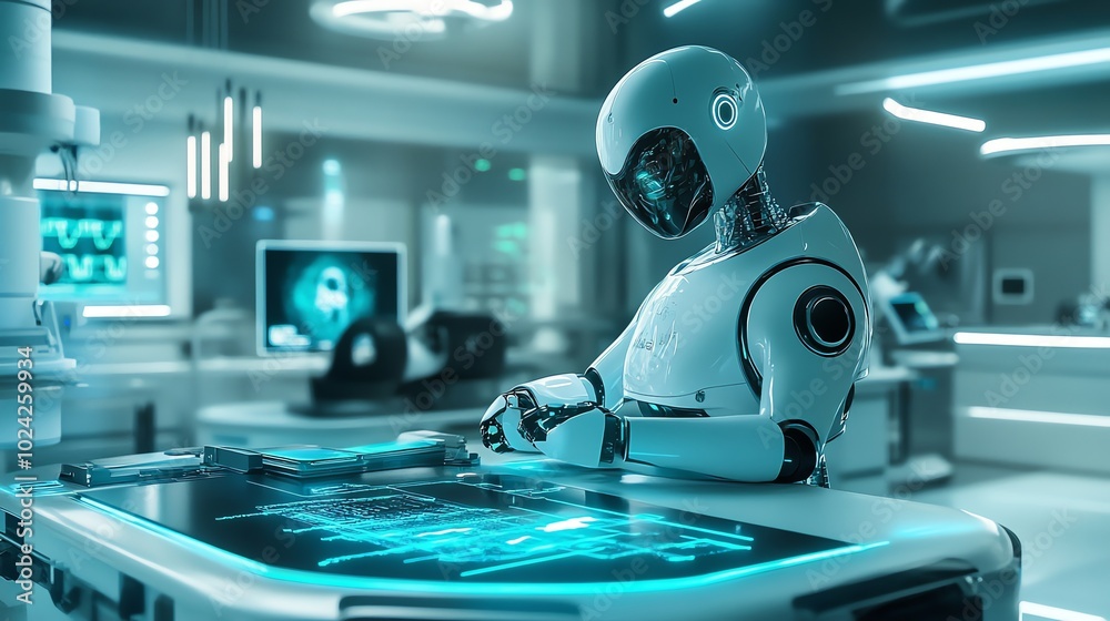 A white humanoid robot works at a futuristic lab station with a glowing blue screen.