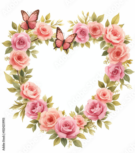 Watercolor Rose Heart with Butterflies