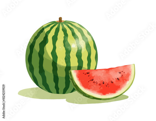 Watermelon Slice and Whole Fruit Illustration 
