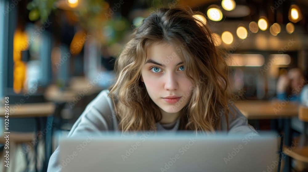 A young woman with wavy hair working intently on a laptop in a cozy, softly lit cafe environment.
A young woman with wavy hair working intently on a laptop in a cozy, softly lit cafe environment.