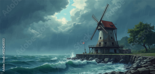 Windmill on a Stormy Coast 
