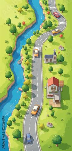 Winding Road by River and Houses 
