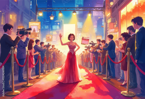 Woman Walking Red Carpet With Crowds  

