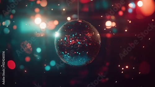 Close-up of a sparkling disco ball, reflecting vivid colorful lights photo