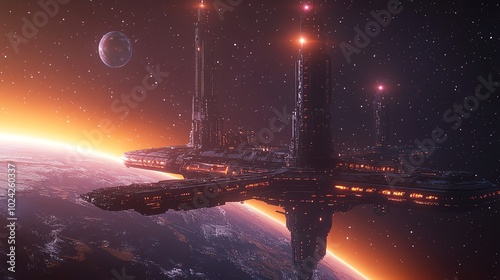 A futuristic spaceship with glowing lights orbits a planet in space.