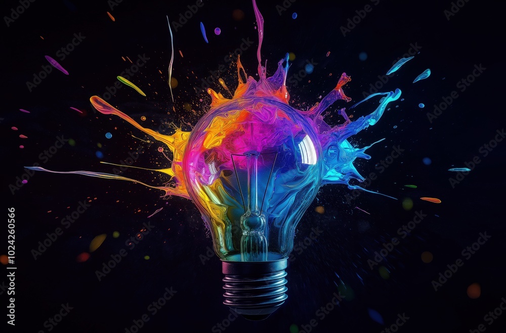 Creative concept of an exploding light bulb, paint splashing on a dark background Creative concept of an exploding light bulb, paint splashing on a dark background