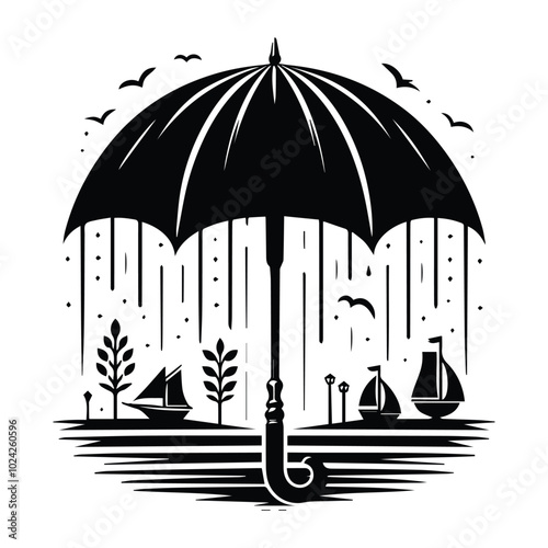 A monochrome drawing of an umbrella amidst a downpour, capturing the essence of a rainy day.