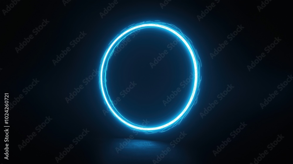 Neon blue geometric circle with intricate details, floating on a pitch-black background