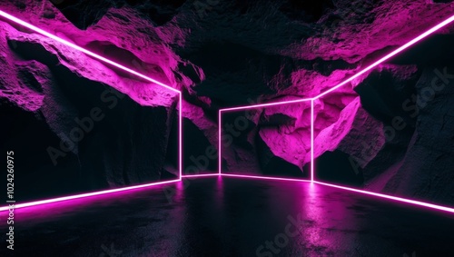 Futuristic neon lighting in dark rocky cave. photo