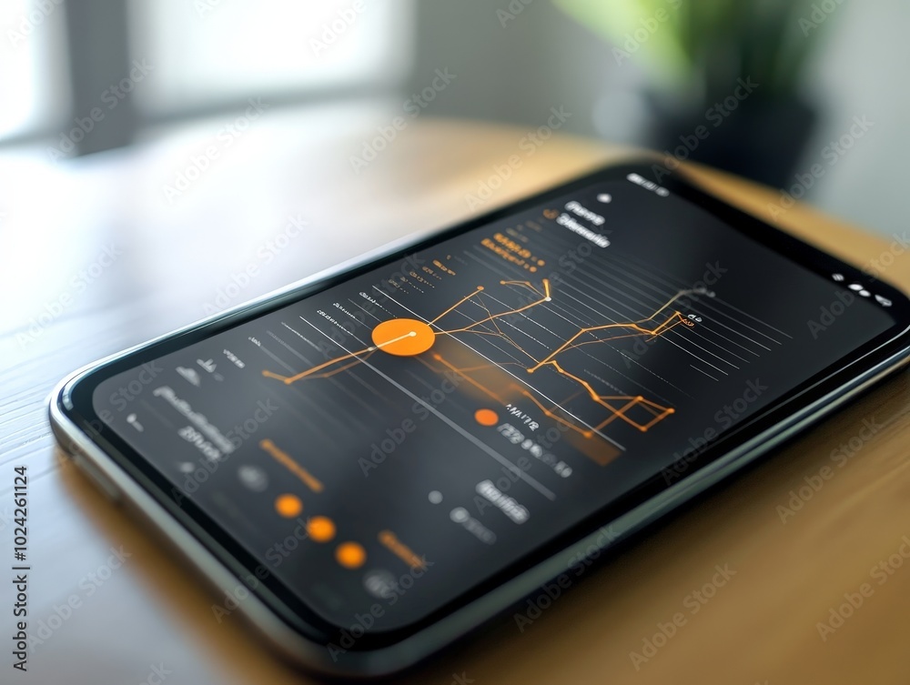 A close-up of a mobile device displaying a predictive output, with line graphs and statistical trends visible on the screen.