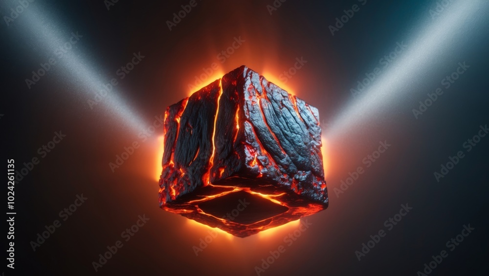 Fototapeta premium Glowing hot lava cube in dark environment.