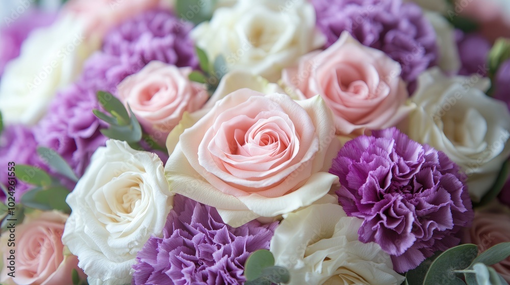 Obraz premium Bouquet of white, peach and lavender roses lying on table