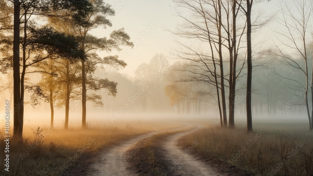 Golden sunrise illuminating a misty dirt path in a serene forest landscape. Golden sunrise illuminating a misty dirt path in a serene forest landscape.