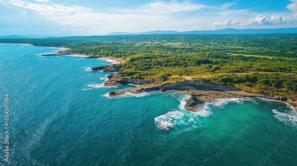 Fototapeta premium Aerial view of the ocean rocky shore