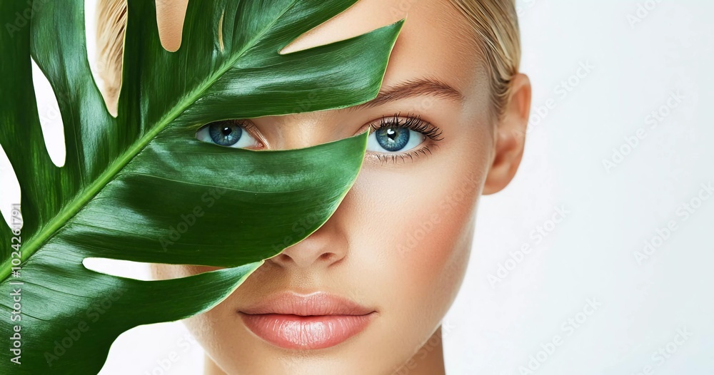 A young, beautiful woman with straight, blonde hair and blue eyes, her face partially obscured by a large, green leaf against a white background A young, beautiful woman with straight, blonde hair and blue eyes, her face partially obscured by a large, green leaf against a white background