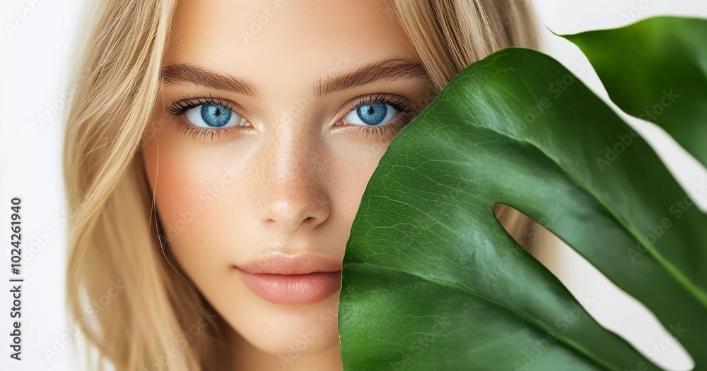 A young, beautiful woman with straight, blonde hair and blue eyes, her face partially obscured by a large, green leaf against a white background A young, beautiful woman with straight, blonde hair and blue eyes, her face partially obscured by a large, green leaf against a white background